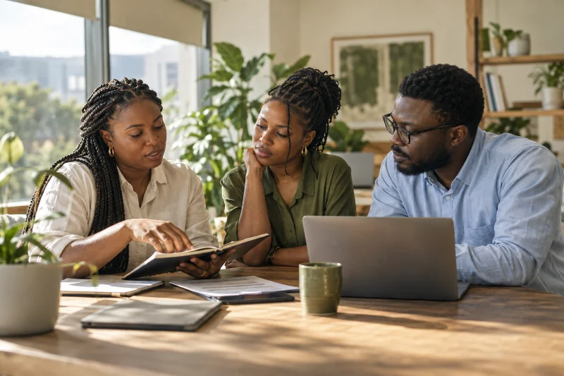 Illustrative scene of three African professionals discussing a business workflow around a notebook and laptop